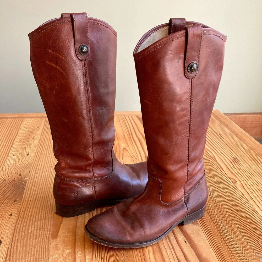 Frye Brown Leather Melissa Button Knee-High Riding Boots - Size 9.5 - 1103ES